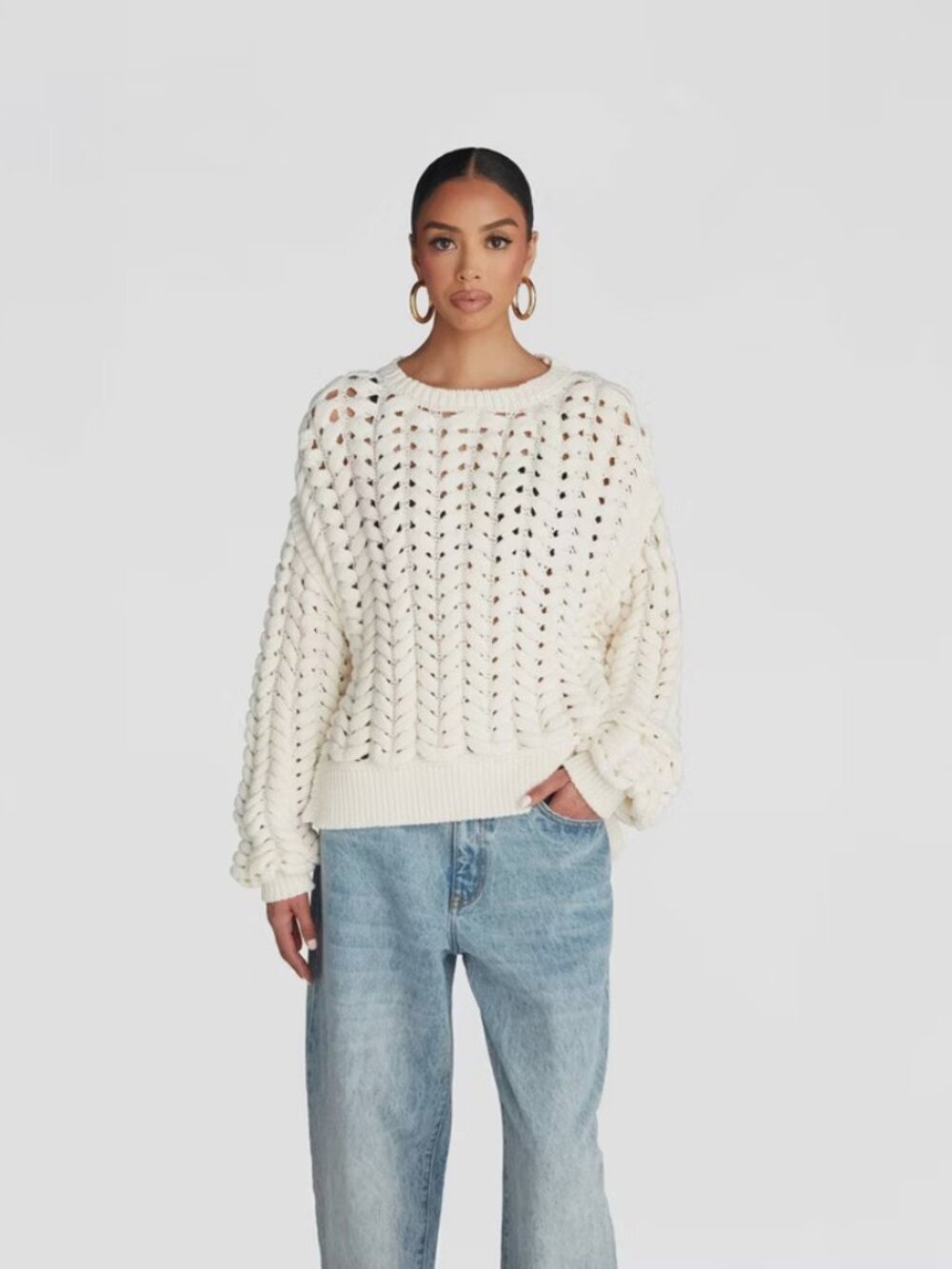KBB by Kahlana Women's Pullover Sweater 'The Chunky Knit Crew' Ribbed Knit Off-W